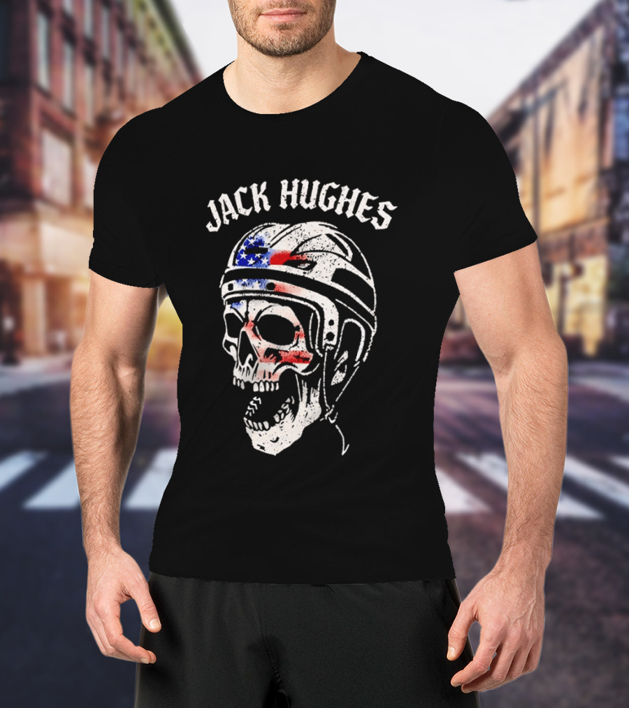 Jack Hughes USA Flag Skull Hockey Helmet T-Shirt