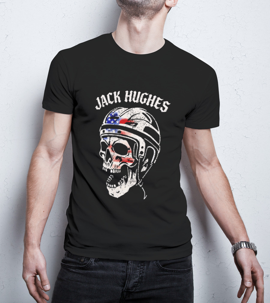 Jack Hughes USA Flag Skull Hockey Helmet T-Shirt