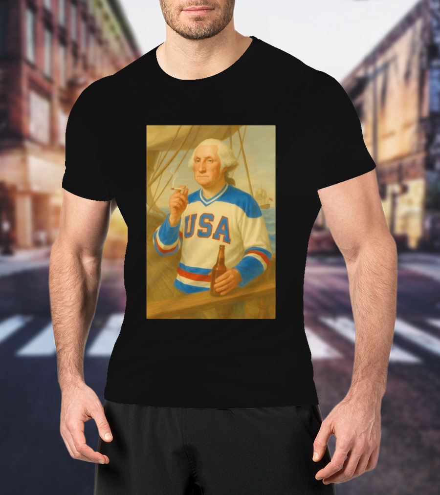 USA Hockey Jersey Wearing George Washington Smoking Holding Beer T-Shirt