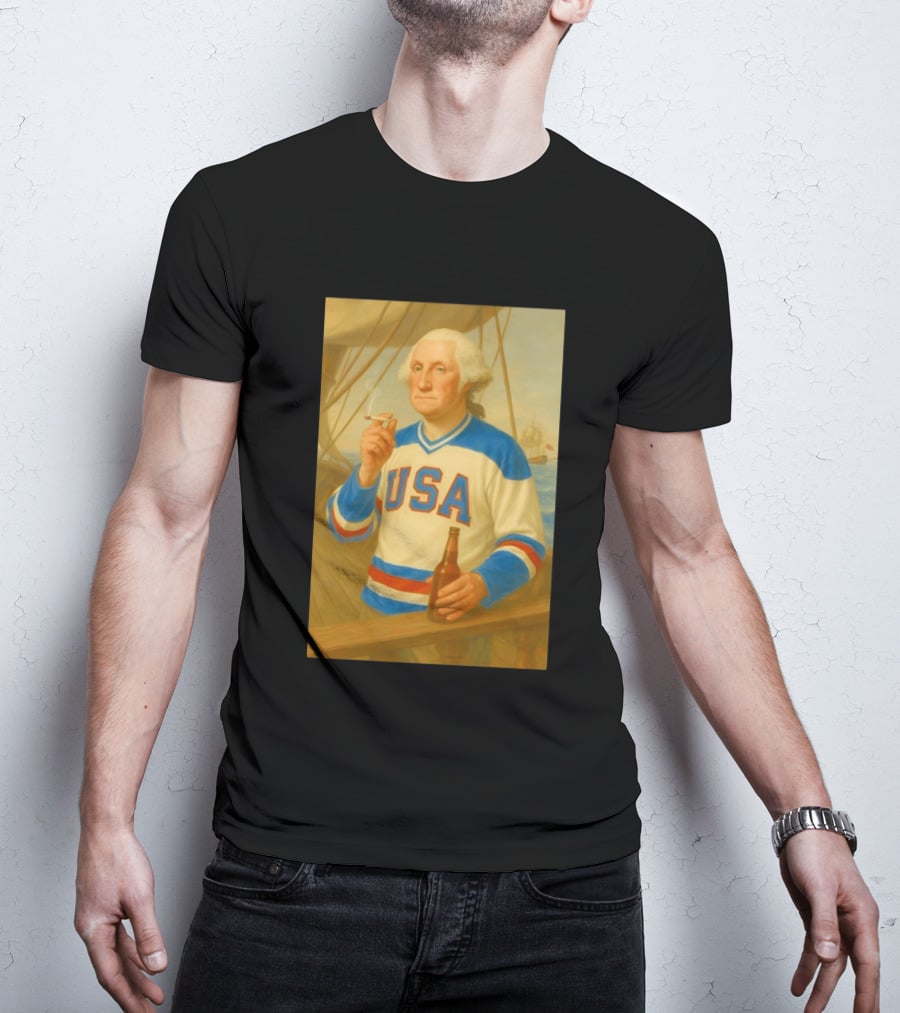 USA Hockey Jersey Wearing George Washington Smoking Holding Beer T-Shirt