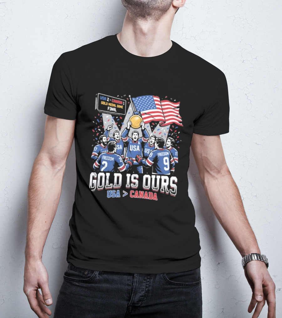 USA Hockey Victory Celebration Gold Medal Game USA Over Canada T-Shirt