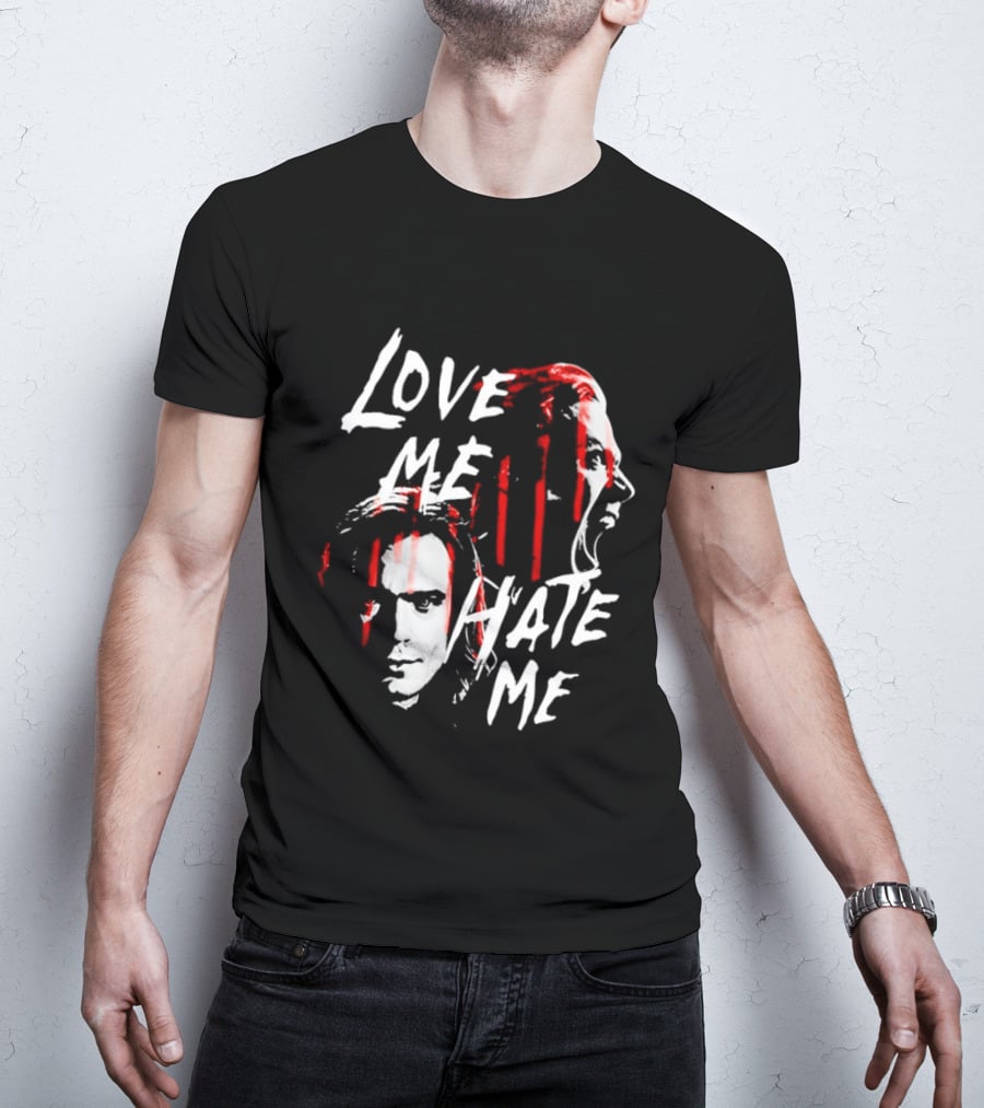 Love Me Hate Me White Text Red Brush Strokes Faces T-Shirt