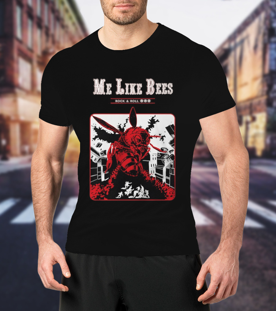 Me Like Bees Rock And Roll Urban Cartoon Style Destruction Scene T-Shirt