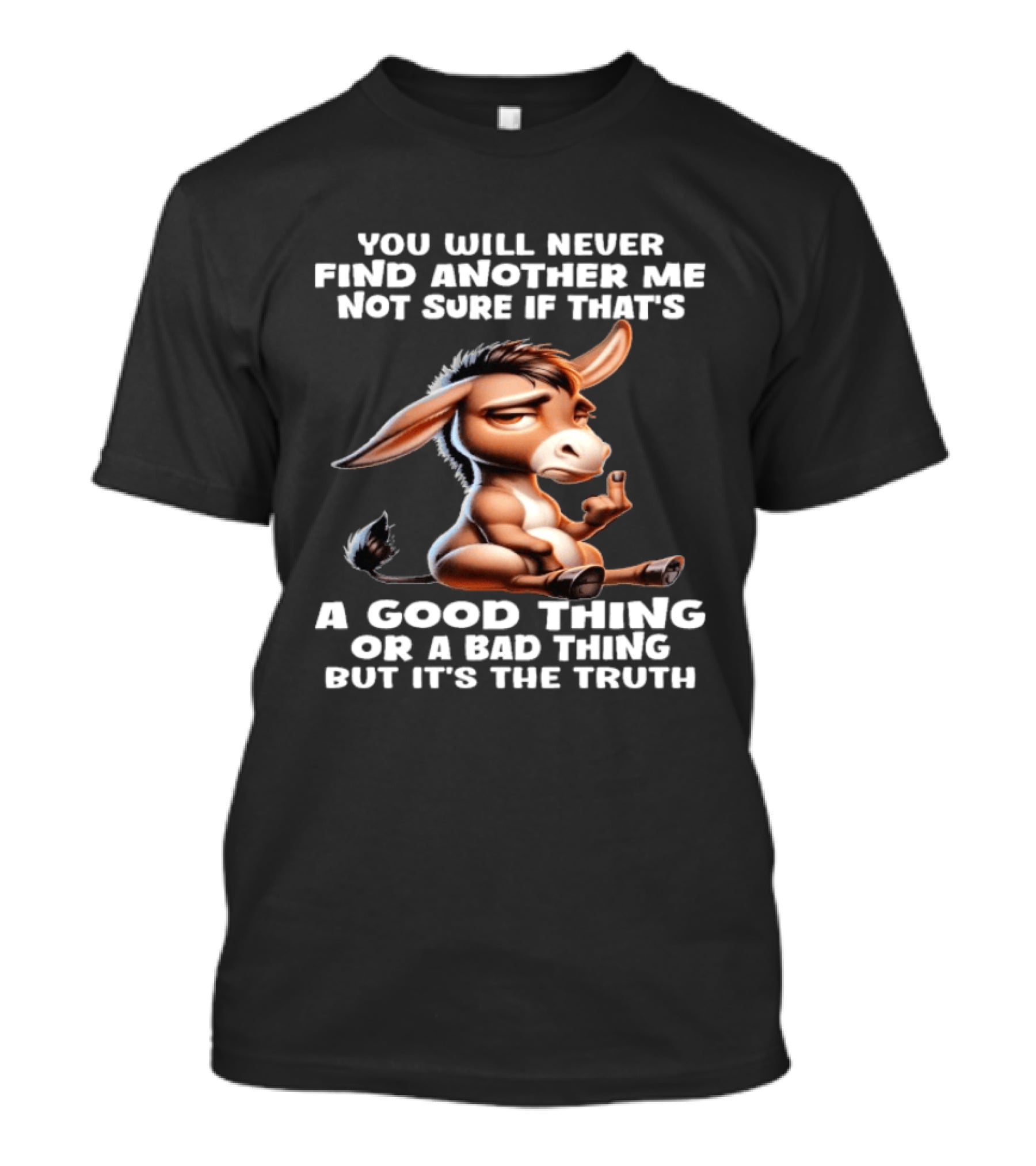 Donkey You Will Never Find Another Me Not Sure If That's A Good Thing Or A Bad Thing But It's The Truth Middle Finger T-Shirt