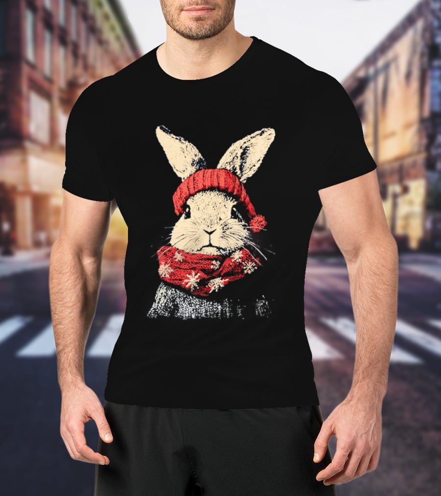 Bunny Rabbit In Red Knit Hat With Snowflake Scarf Winter T-Shirt