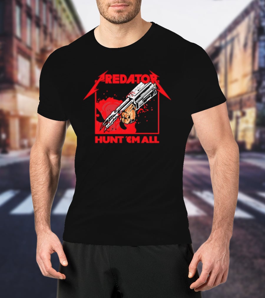 Hunt 'Em All With Iconic Predato Red Text And Weaponry T-Shirt