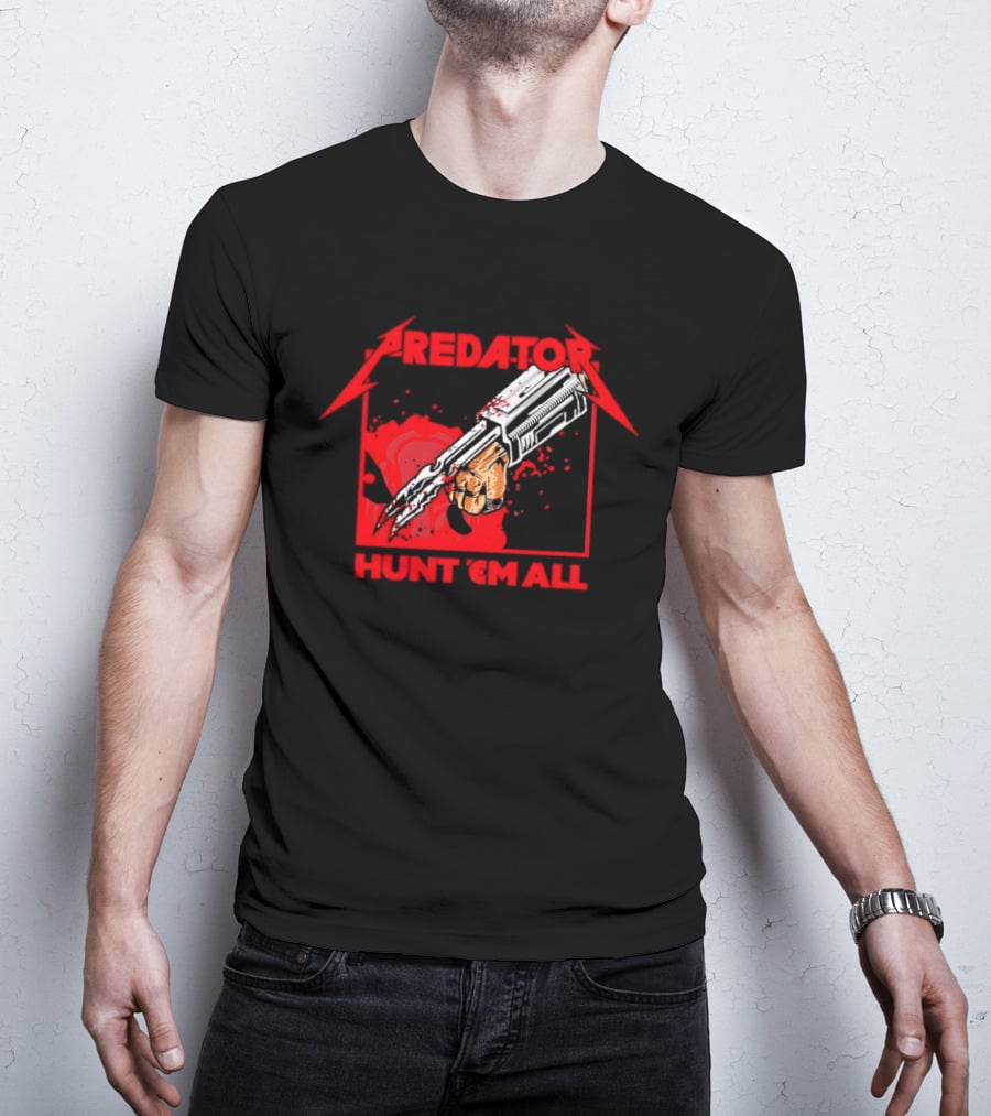 Hunt 'Em All With Iconic Predato Red Text And Weaponry T-Shirt