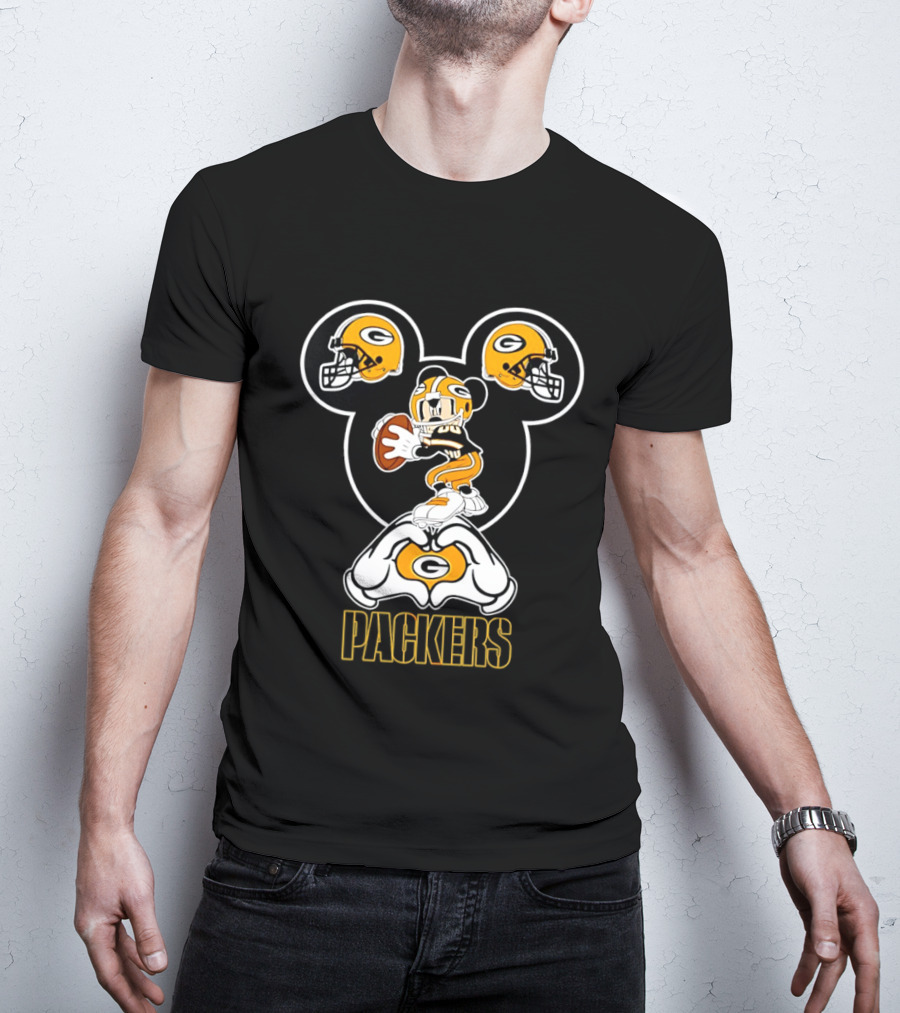 Packers Mickey Mouse Heart Hands Football Helmet T-Shirt
