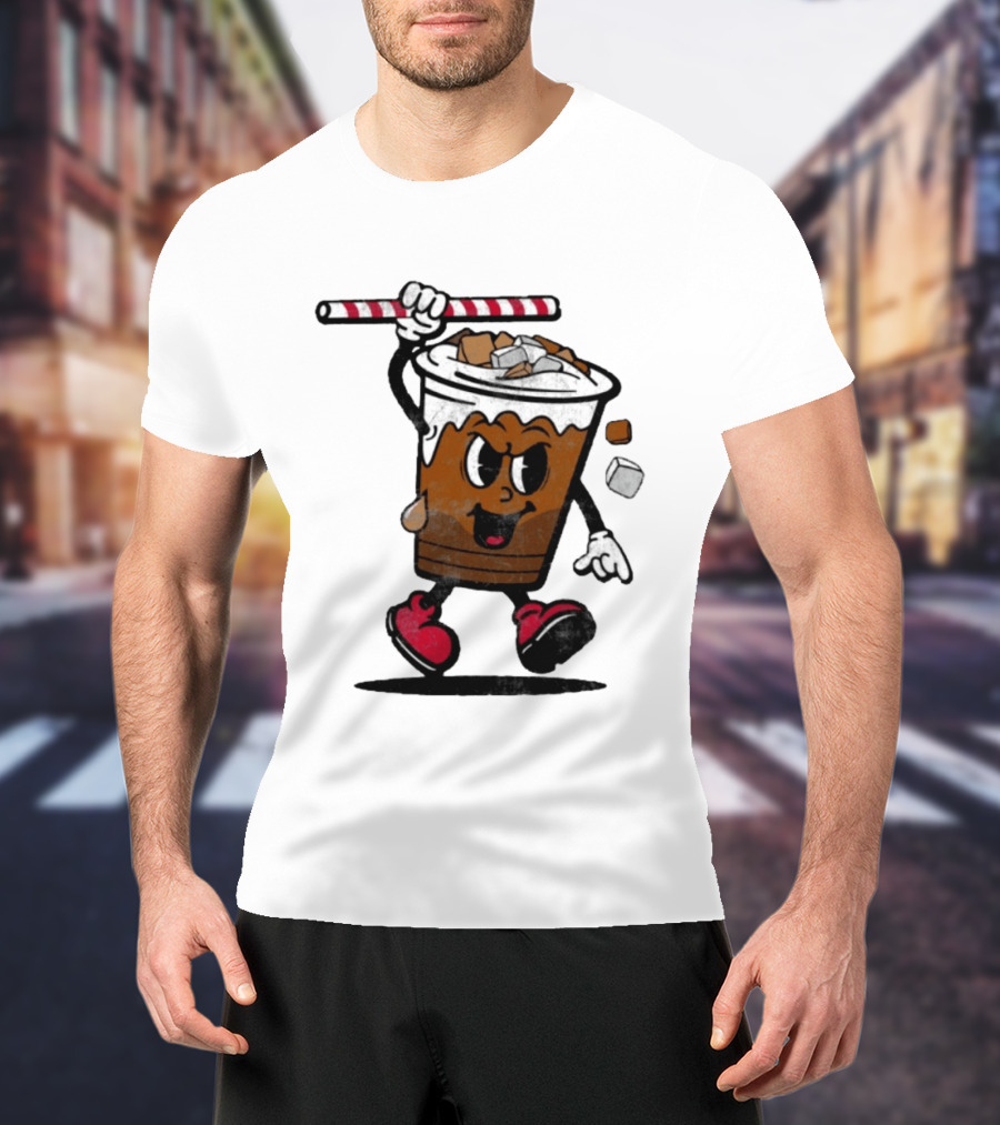 Reading Iced Coffees Cartoon Cup Character Fun T-Shirt