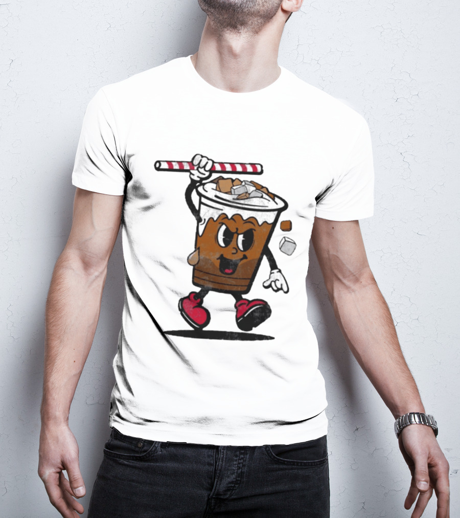 Reading Iced Coffees Cartoon Cup Character Fun T-Shirt
