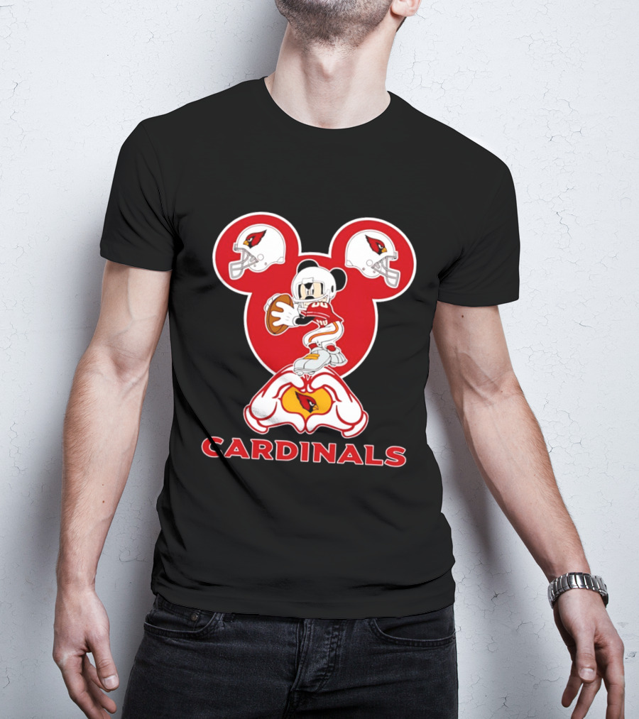 Arizona Cardinals Mickey Mouse Heart Hands Football Helmets T-Shirt