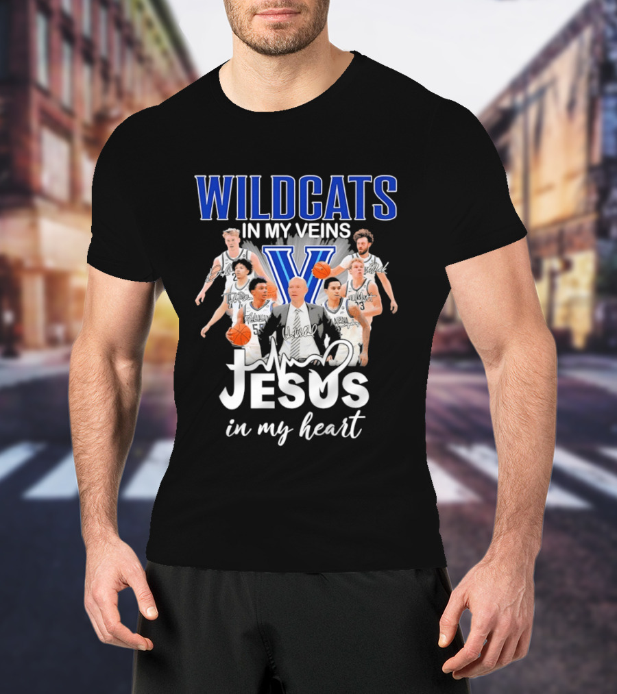 Wildcats In My Veins Jesus In My Heart Villanova Basketball Team Coach Kevin Willard T-Shirt