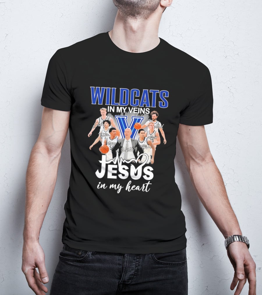 Wildcats In My Veins Jesus In My Heart Villanova Basketball Team Coach Kevin Willard T-Shirt