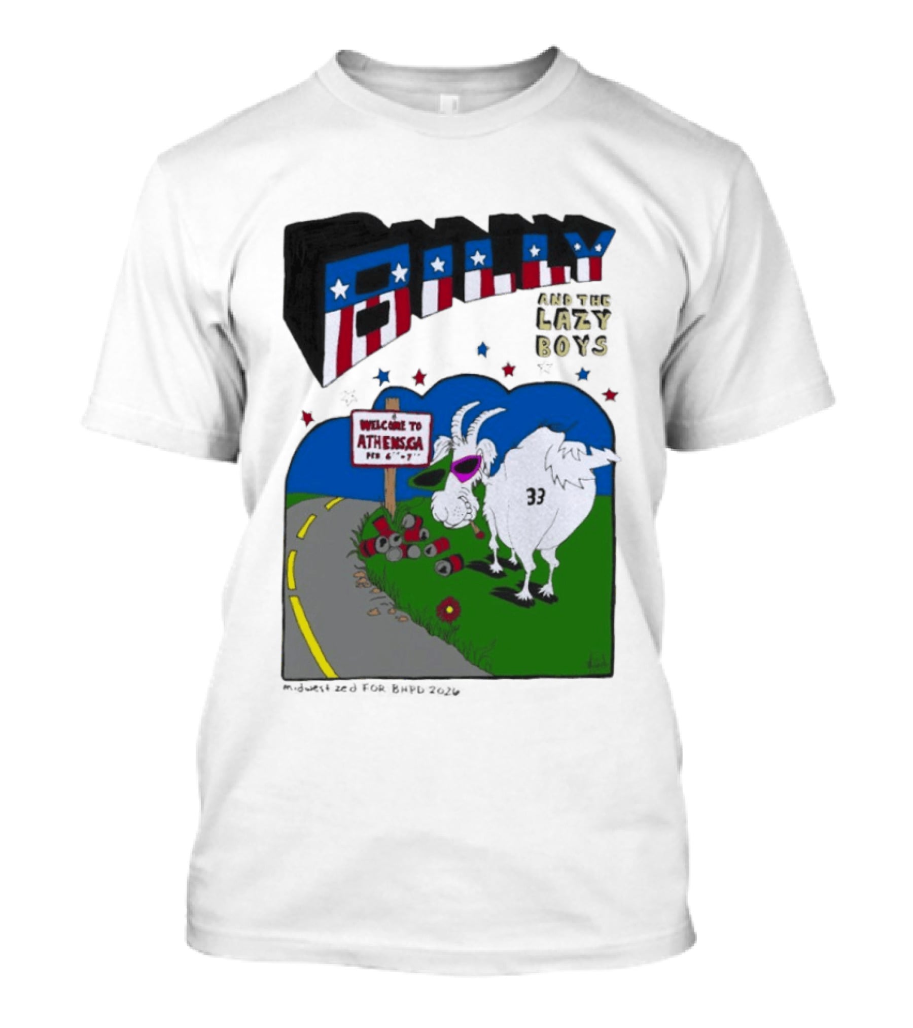 Billy And The Lazy Boys Athens GA Goat With Sunglasses Number 33 Welcome To Athens Sign T-Shirt