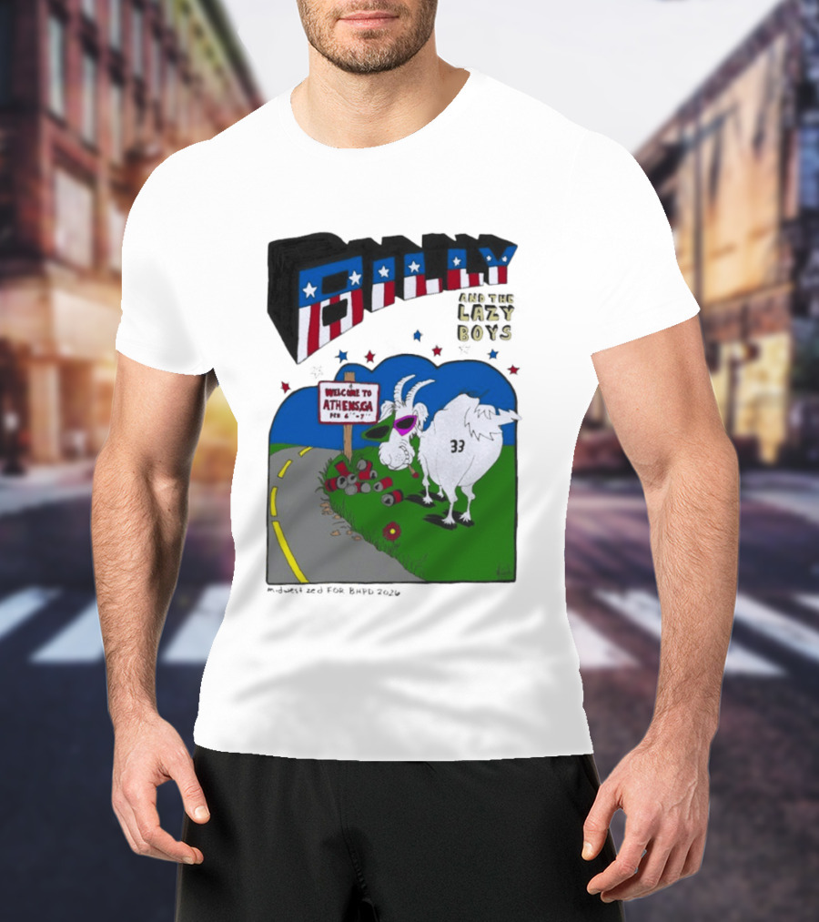 Billy And The Lazy Boys Athens GA Goat With Sunglasses Number 33 Welcome To Athens Sign T-Shirt