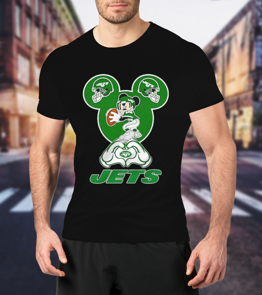 New York Jets Mickey Mouse Football Heart Hands T-Shirt