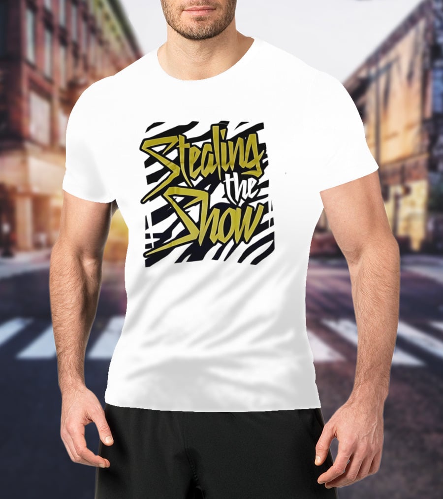 Stealing The Show Bold Graffiti Style Text On Striped T-Shirt
