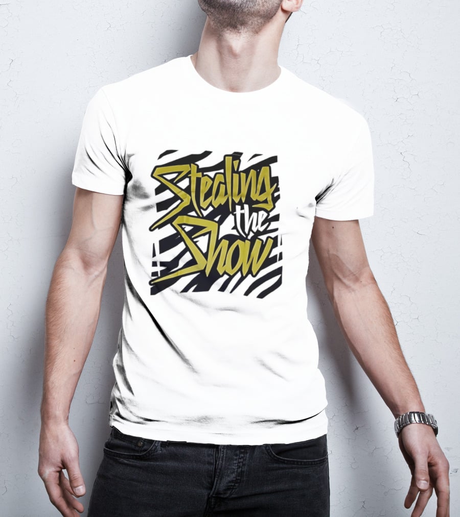 Stealing The Show Bold Graffiti Style Text On Striped T-Shirt