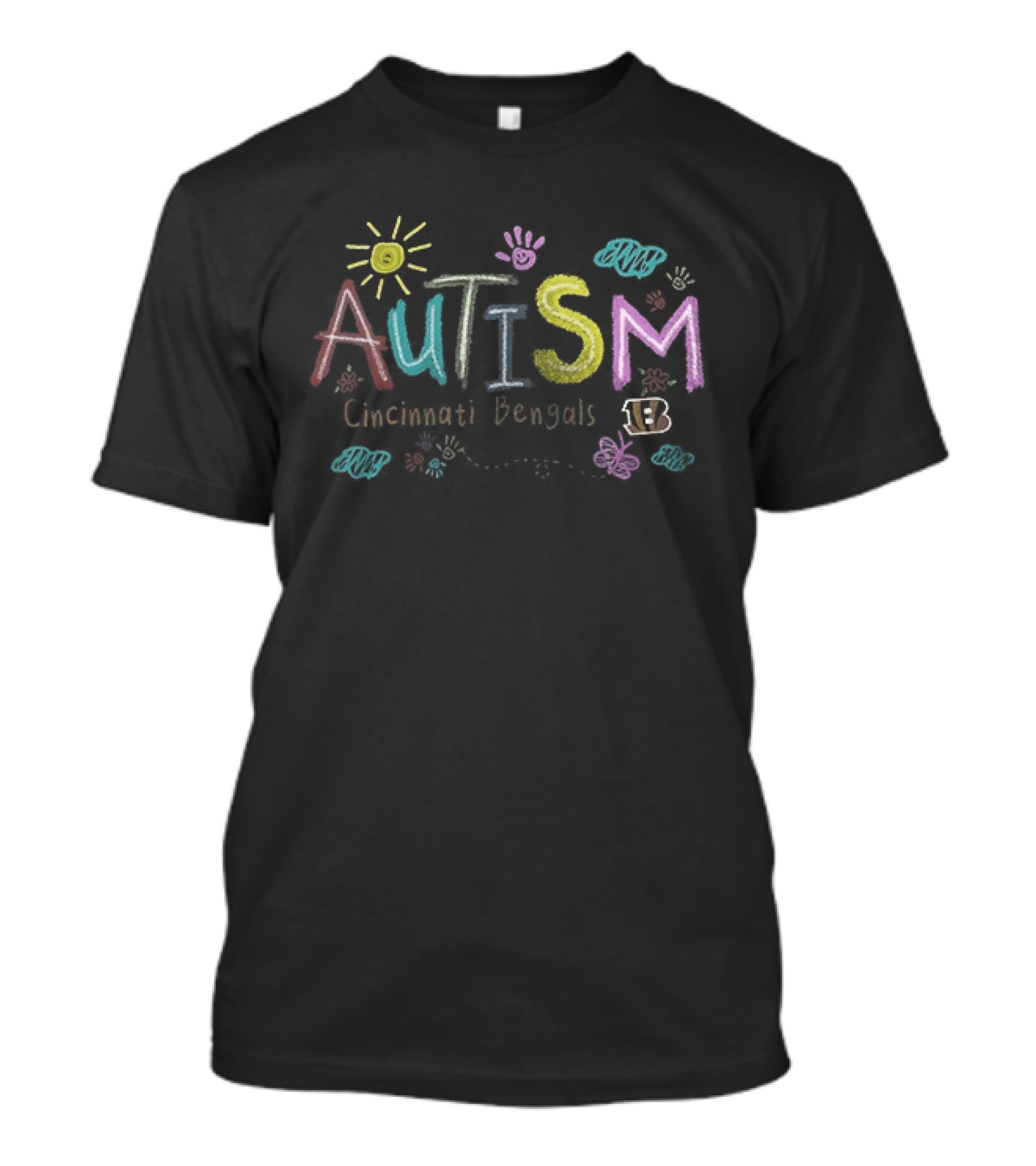 Cincinnati Bengals Autism Awareness Teach Love Hope Sun Handprints Clouds T-Shirt