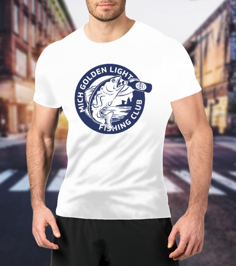 Mich Golden Light Fishing Club Logo With Fish And Bottle T-Shirt