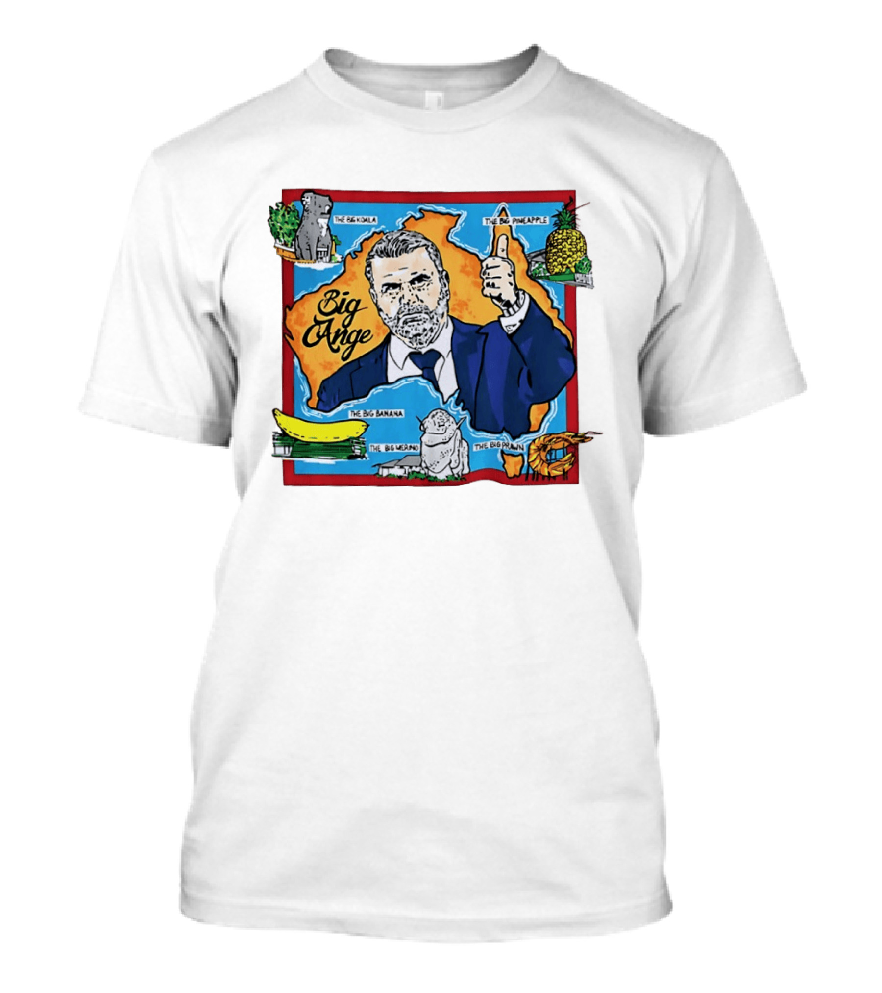 Big Ange Cartoon Australia Map With Koala Pineapple Banana Merino Prawn T-Shirt