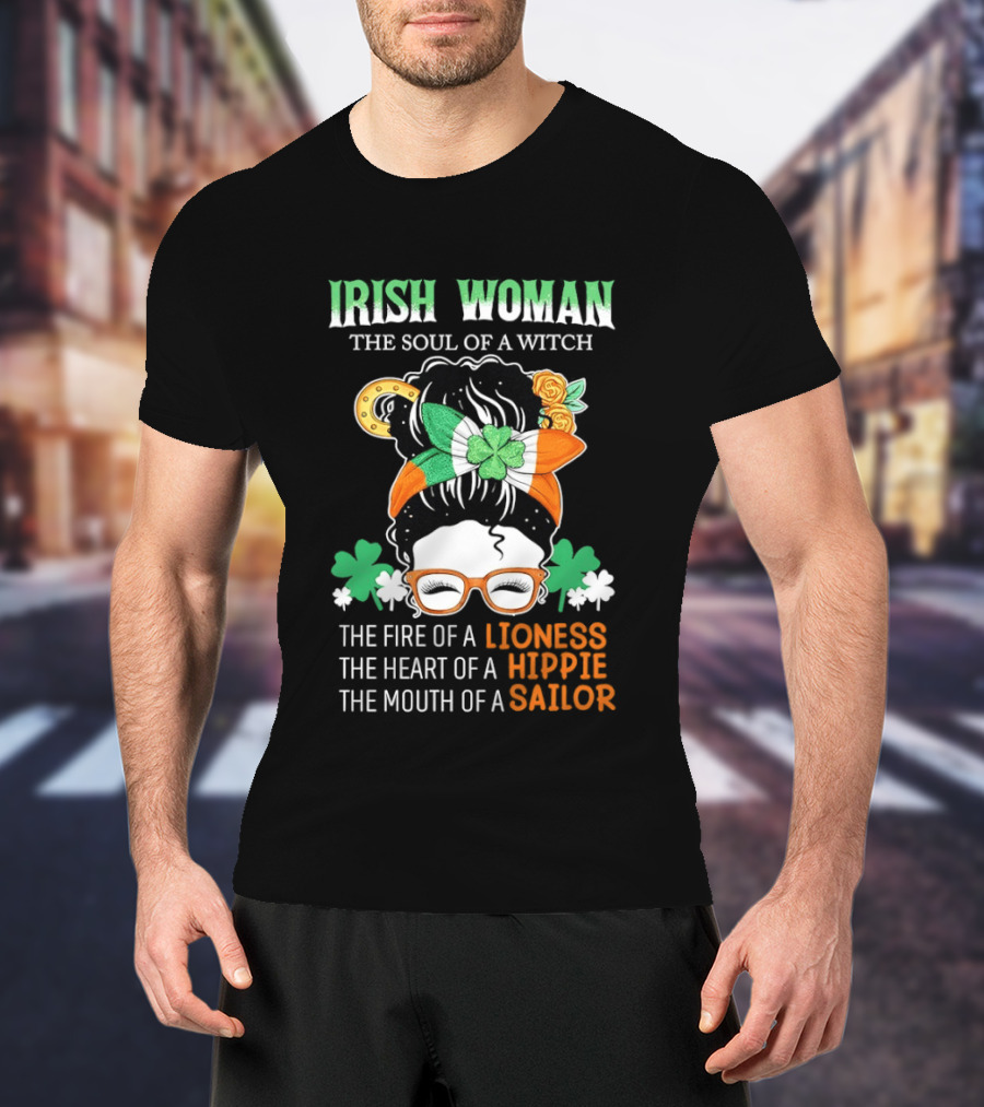Irish Woman The Soul Of A Witch The Fire Of A Lioness The Heart Of A Hippie The Mouth Of A Sailor Shamrock Glasses Bandana T-Shirt