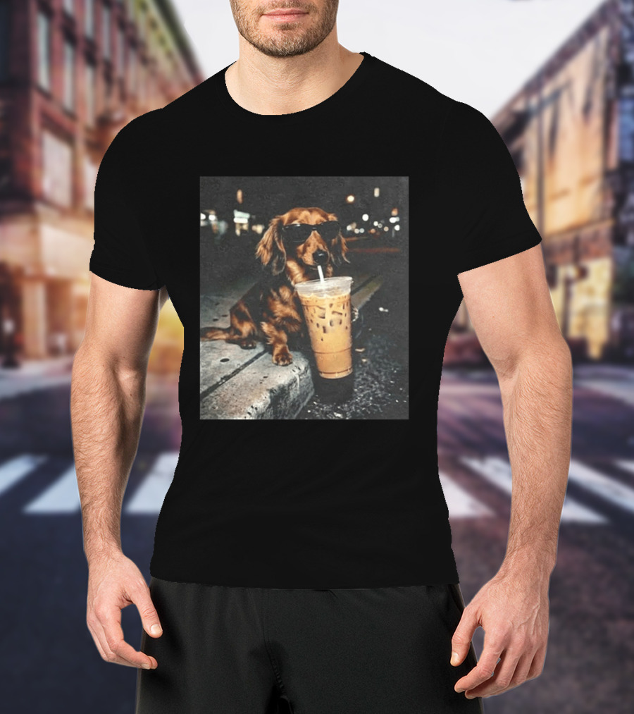 Dachshund Enjoying Iced Coffee With Sunglasses T-Shirt
