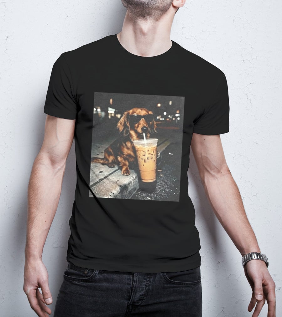 Dachshund Enjoying Iced Coffee With Sunglasses T-Shirt