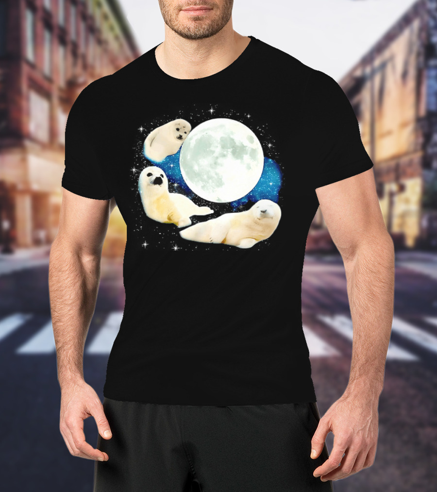 Adorable Seals Playfully Resting Under A Radiant Full Moonlit Sky With Cosmic Backdrop T-Shirt