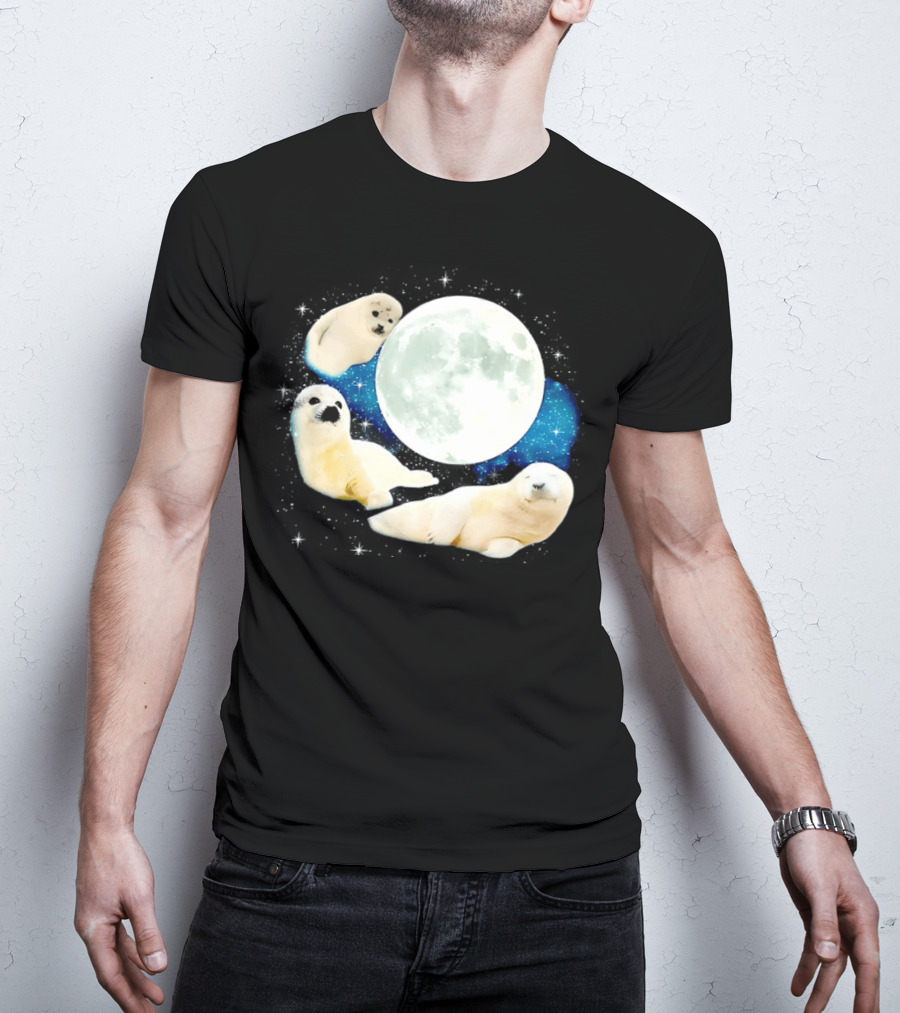 Adorable Seals Playfully Resting Under A Radiant Full Moonlit Sky With Cosmic Backdrop T-Shirt