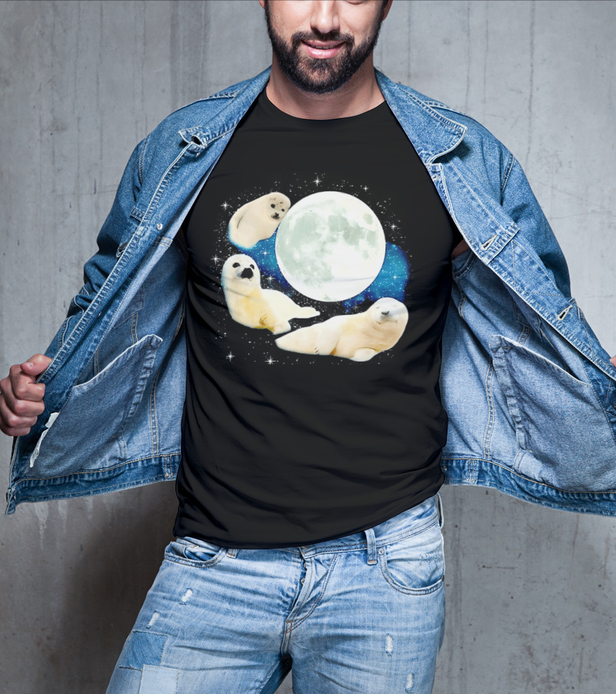 Adorable Seals Playfully Resting Under A Radiant Full Moonlit Sky With Cosmic Backdrop T-Shirt