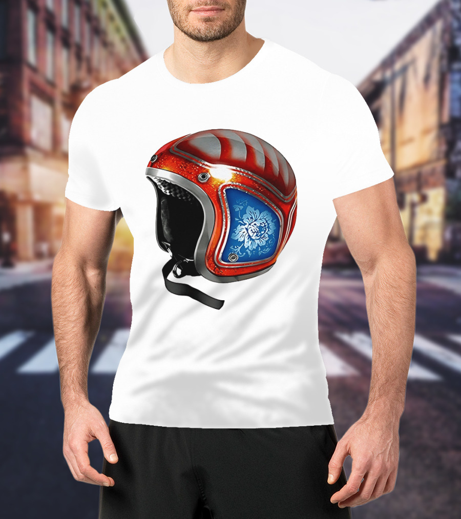 Blue Bloom Racer Helmet Red White Stripes Floral Blossom T-Shirt