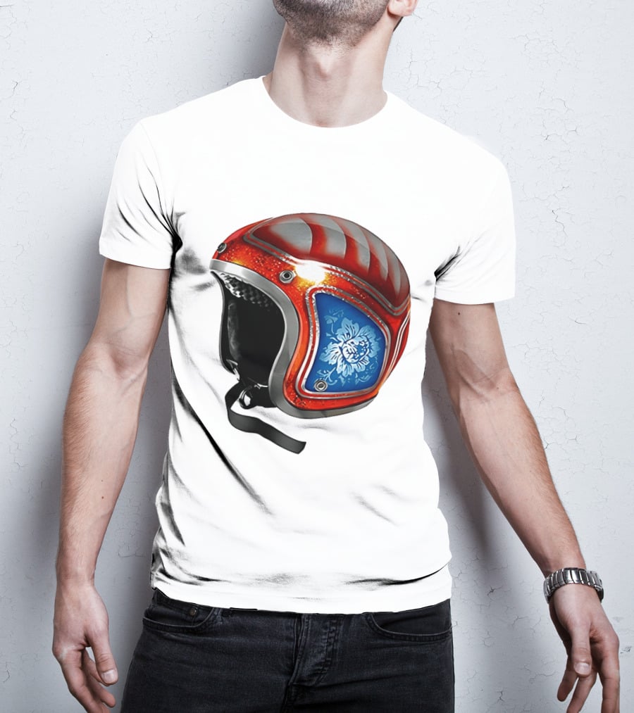 Blue Bloom Racer Helmet Red White Stripes Floral Blossom T-Shirt