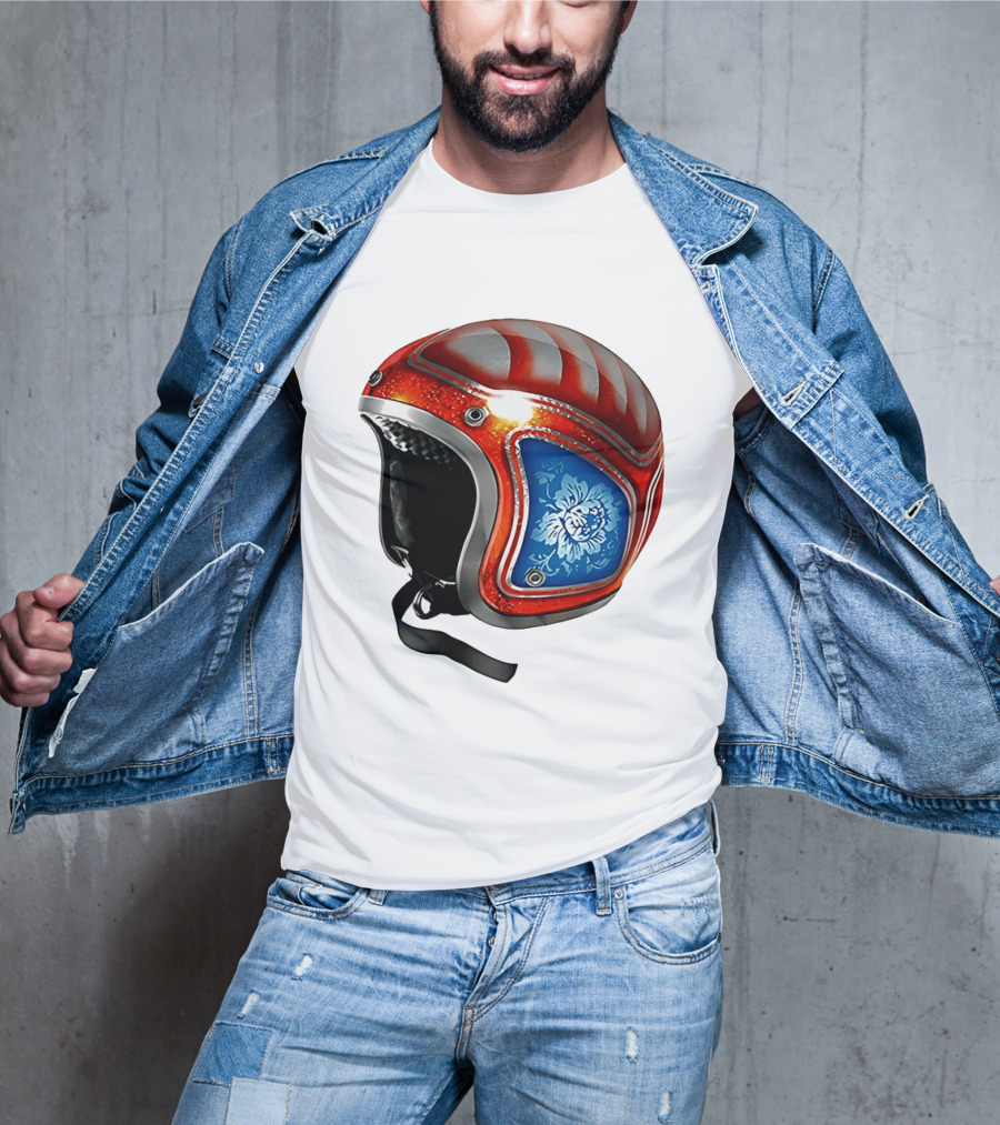 Blue Bloom Racer Helmet Red White Stripes Floral Blossom T-Shirt