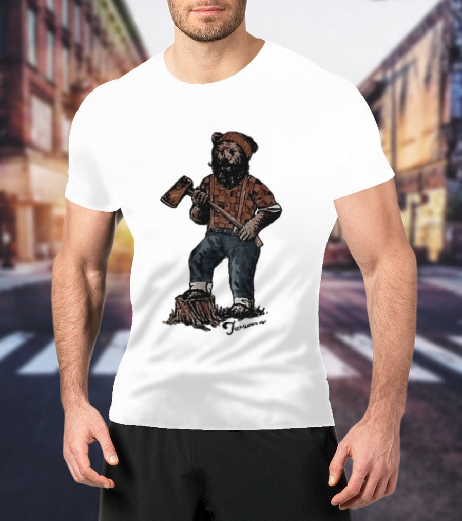 Lumberjack Bear Holding Axe Plaid Denim Jeans Beanie T-Shirt