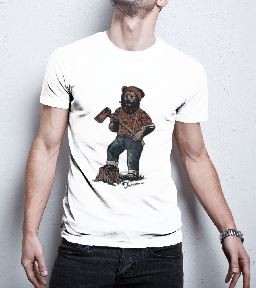 Lumberjack Bear Holding Axe Plaid Denim Jeans Beanie T-Shirt