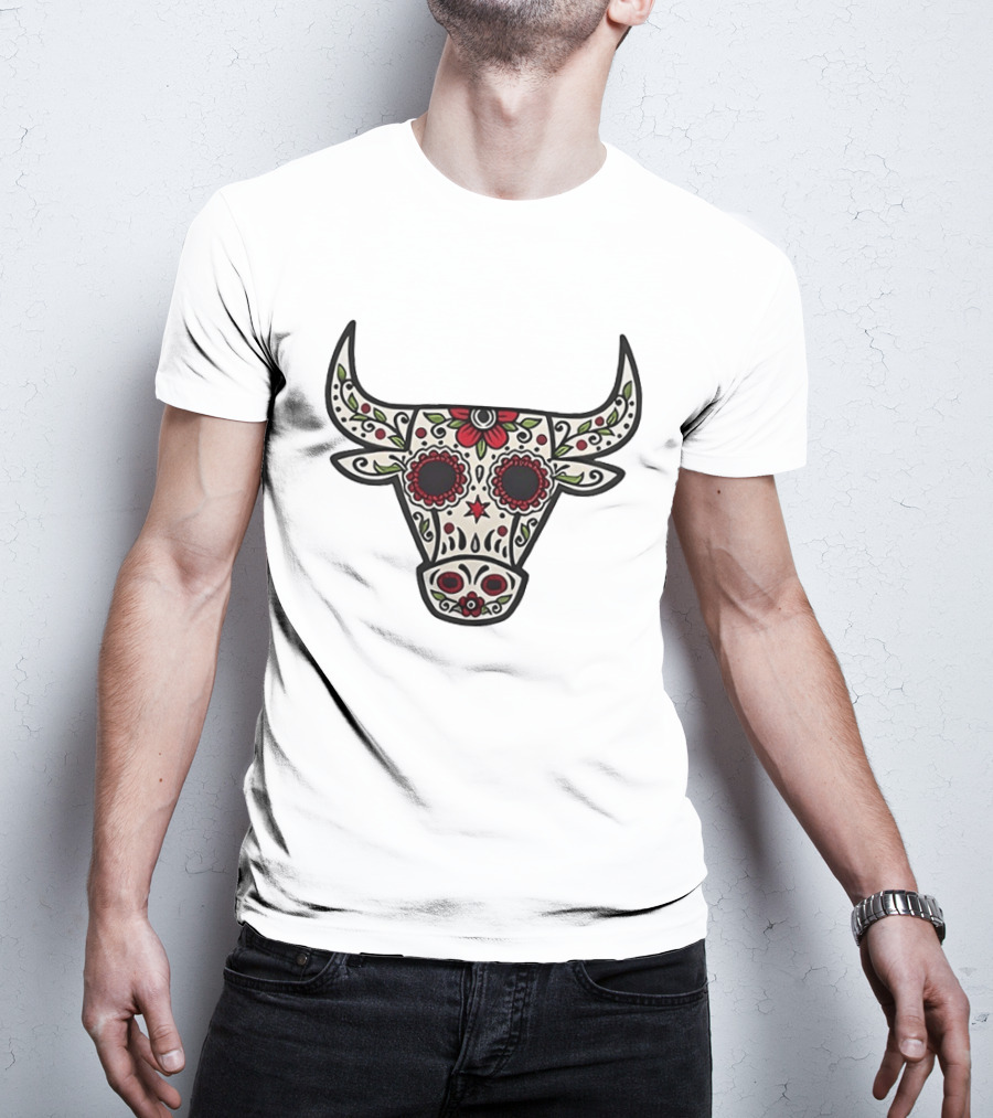Sacred Bull Sugar Skull Floral Motif T-Shirt