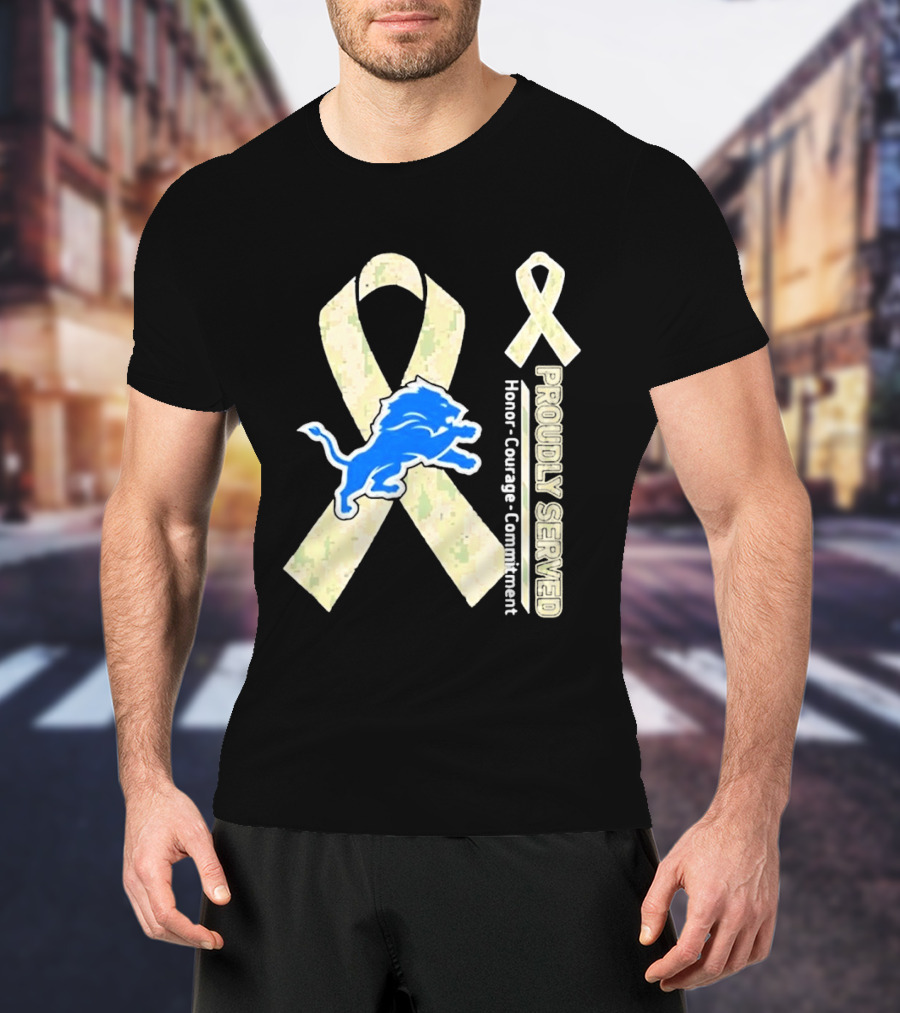 Detroit Lions Camo Ribbon Proudly Served Honor Courage Commitment T-Shirt