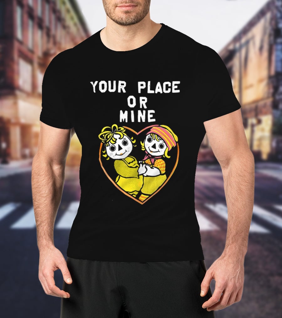 Your Place Or Mine Romantic Cartoon Couple In Heart T-Shirt