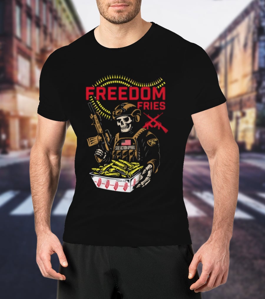 Freedom Fries Military Skeleton With USA Flag And Rifle T-Shirt