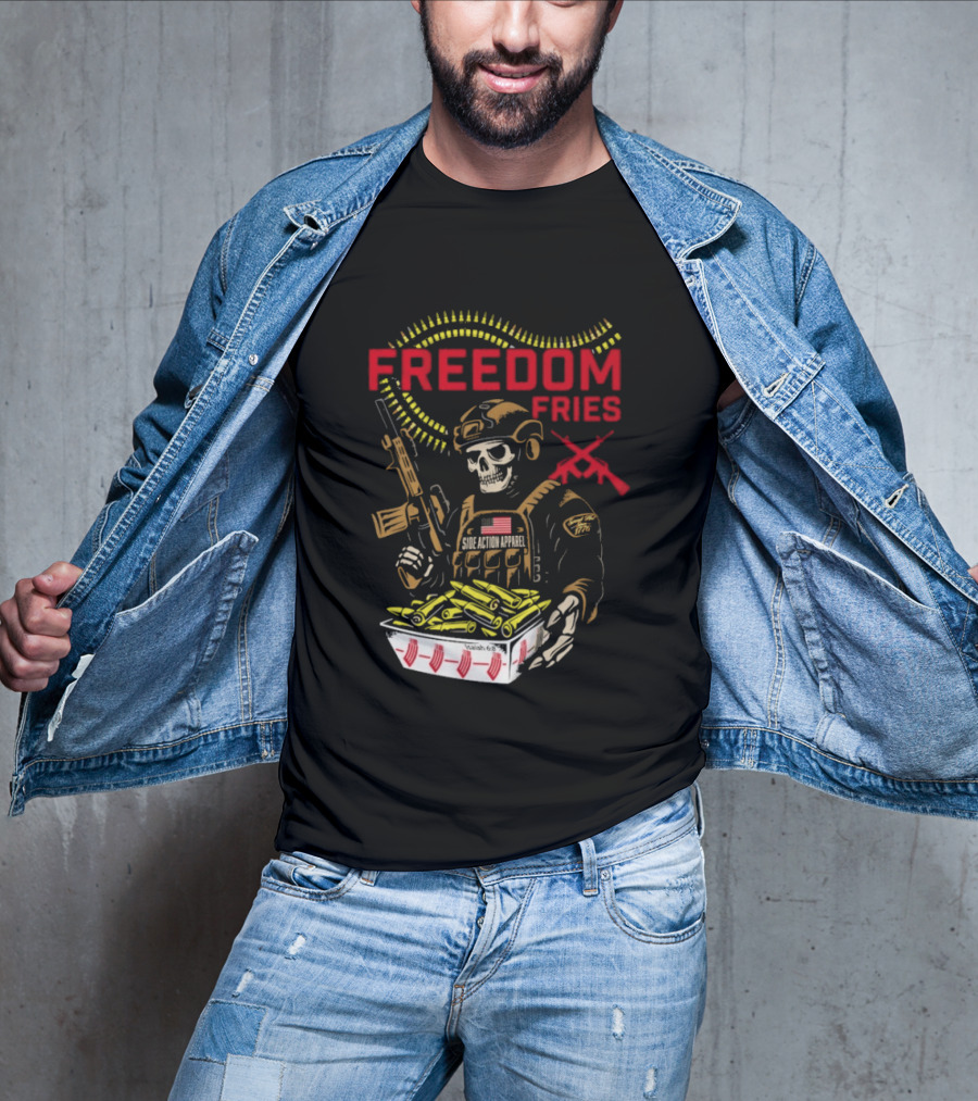 Freedom Fries Military Skeleton With USA Flag And Rifle T-Shirt