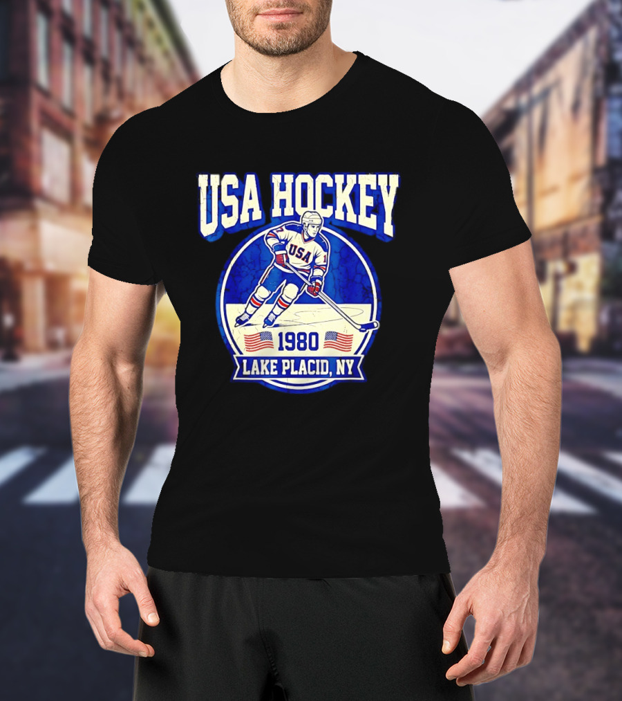 USA Hockey 1980 Lake Placid NY American Flag Ice Skater T-Shirt