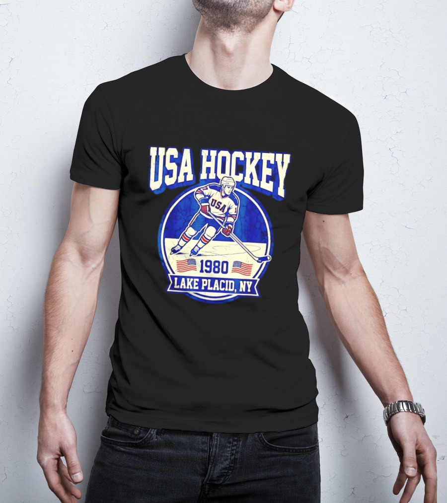 USA Hockey 1980 Lake Placid NY American Flag Ice Skater T-Shirt