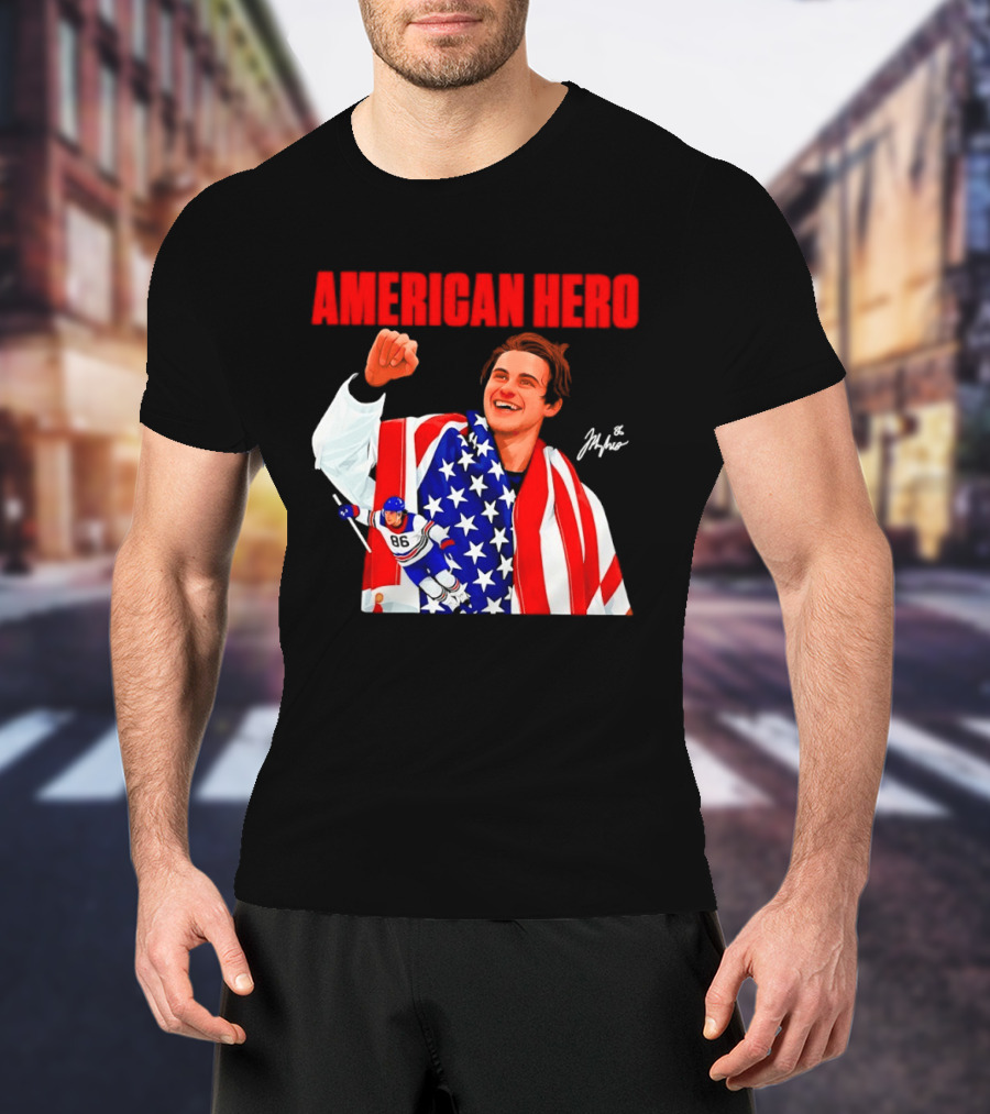 American Hero Jack Hughes USA Flag Hockey T-Shirt
