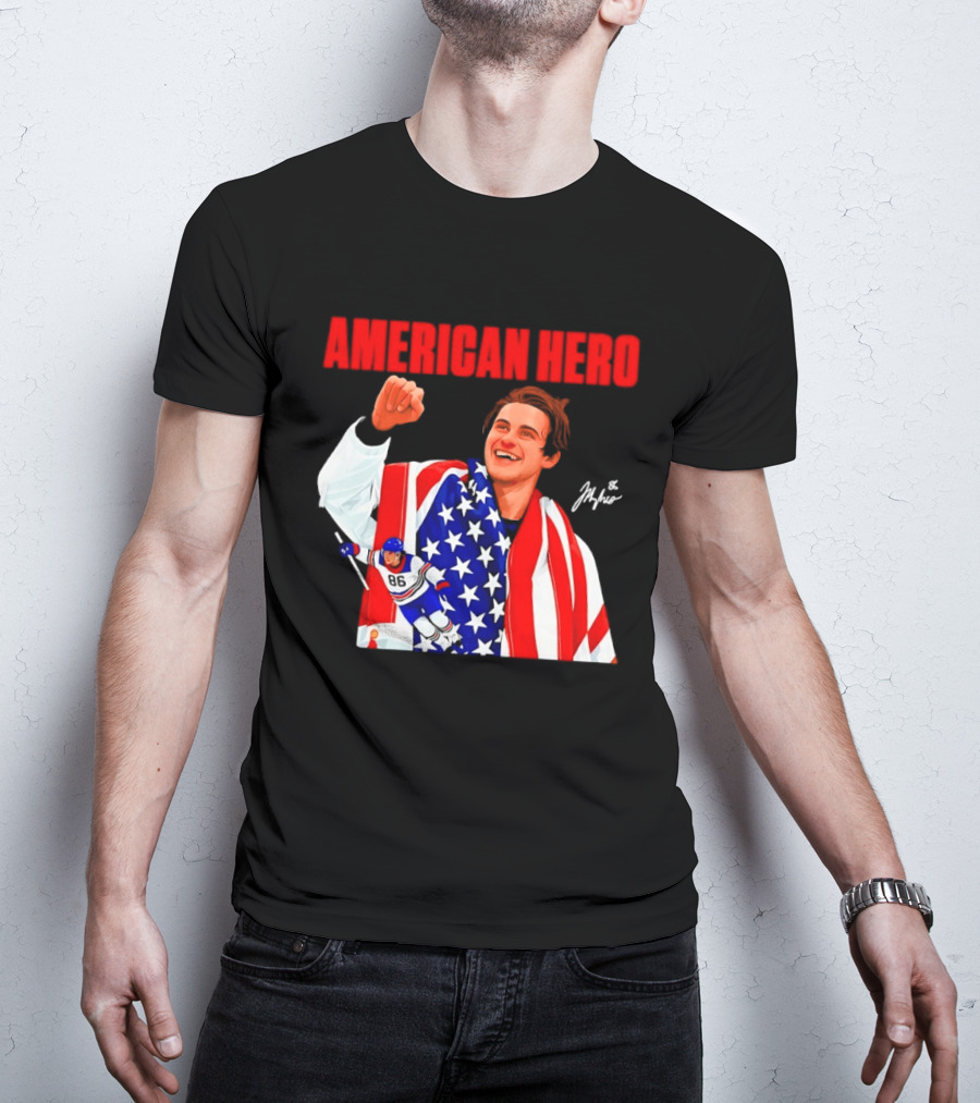 American Hero Jack Hughes USA Flag Hockey T-Shirt