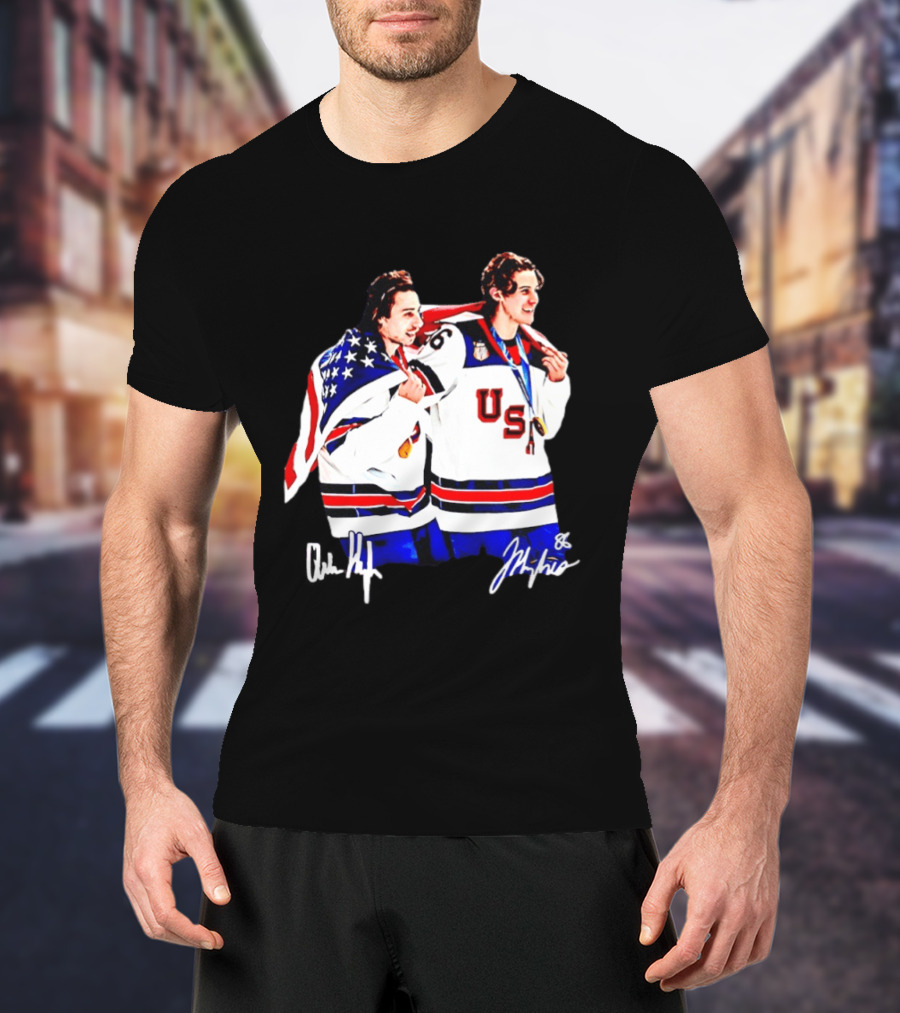 USA Hockey Golden Jack Hughes Jack Quinn American Flag Celebration T-Shirt