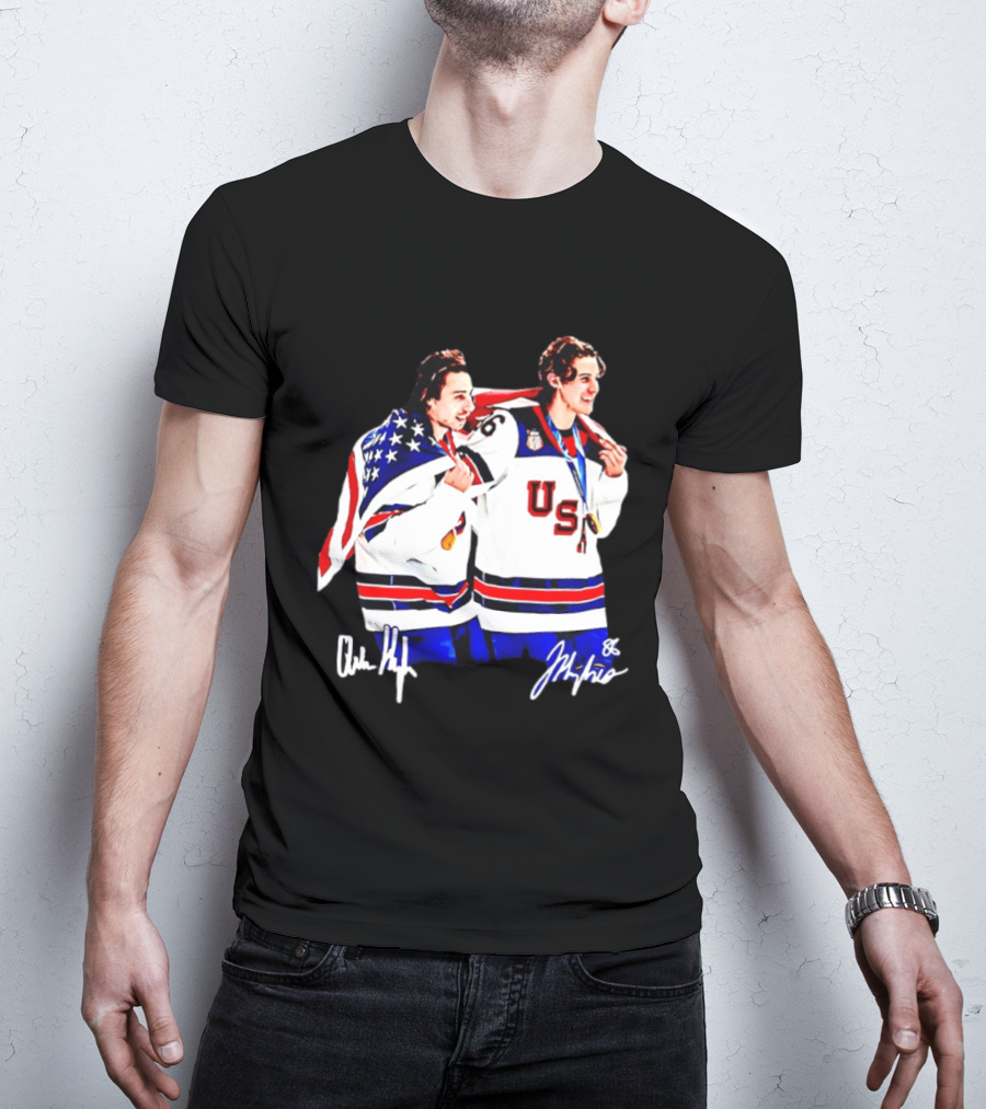 USA Hockey Golden Jack Hughes Jack Quinn American Flag Celebration T-Shirt