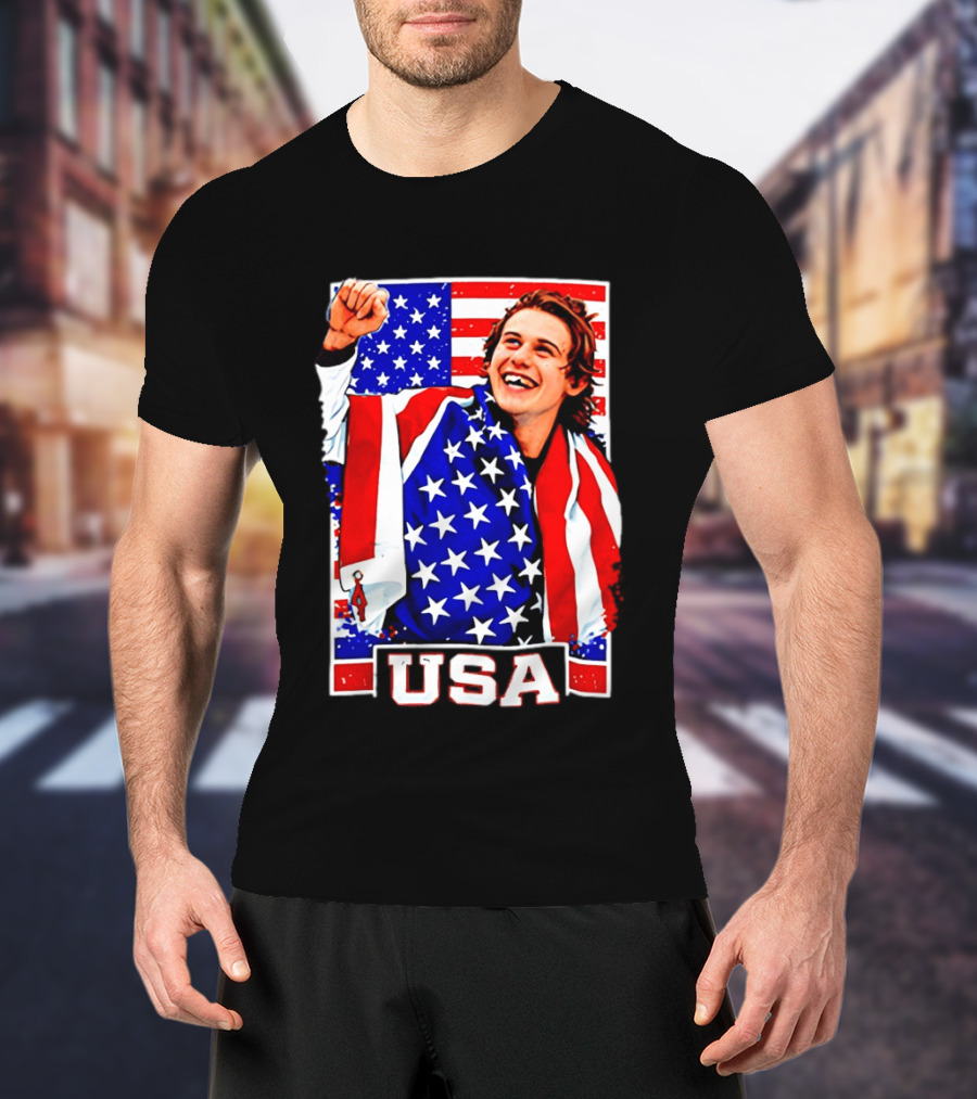 USA Flag Jack Hughes Olympic Hockey 2026 Golden Goal Celebration T-Shirt