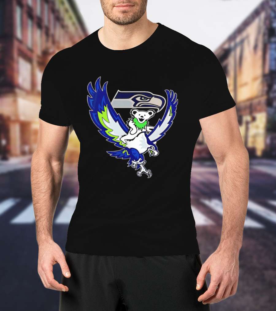 Seattle Seahawks Grateful Dead Bear Riding Seahawk Wings T-Shirt