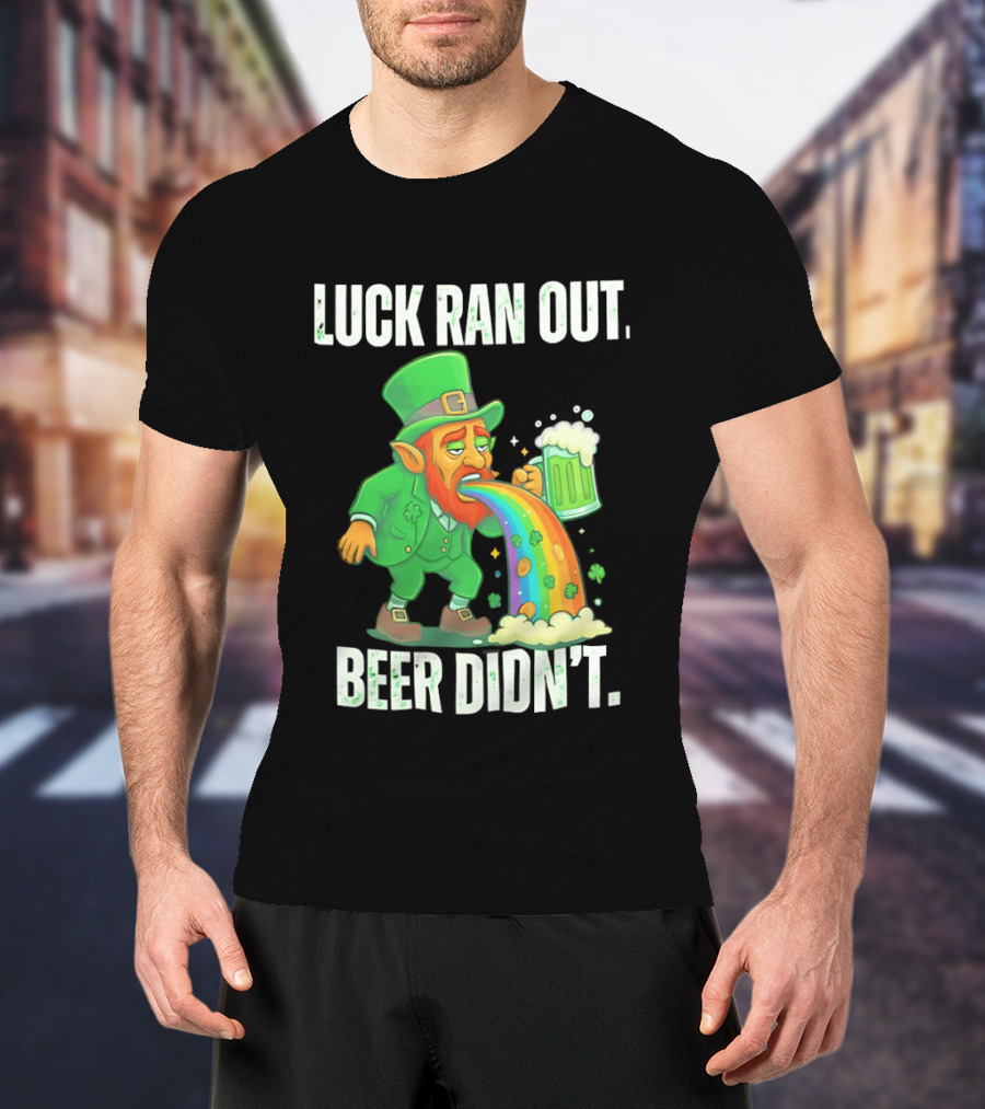 Leprechaun Drinking Beer Vomiting Rainbow Luck Ran Out St. Patrick's Day T-Shirt